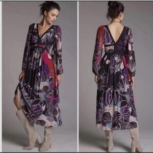 Anthropologie LET ME BE Floral Long Sleeve V-Neck Midi Dress, NEW w/tags, Size M